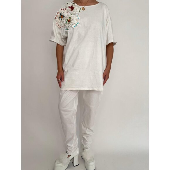 80s vintage white rainbow embellished cotton shirt pants matching two piece set - Picture 2 of 10